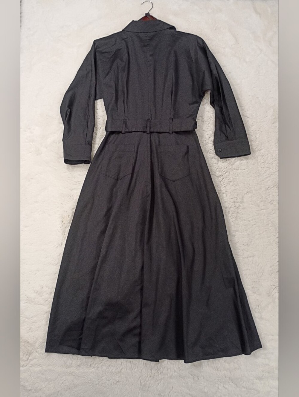 Donna Karan Drawstring Waist Stretch Cotton Black Midi Shirtdress Size 6 NWOT - Picture 9 of 12